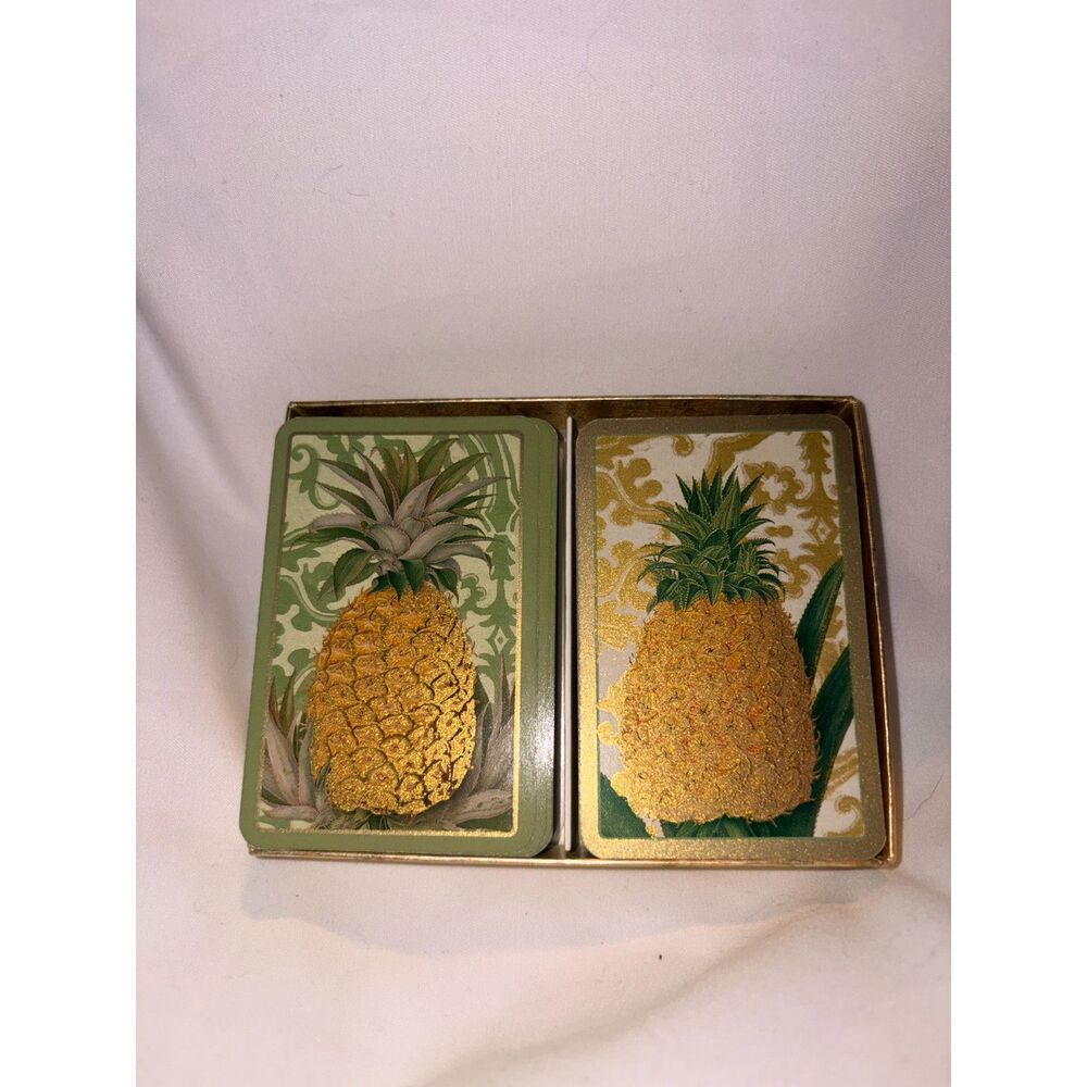 Caspari Pineapple Double Deck Bridge Playing Cards Gold Box Vintage Gift Set
